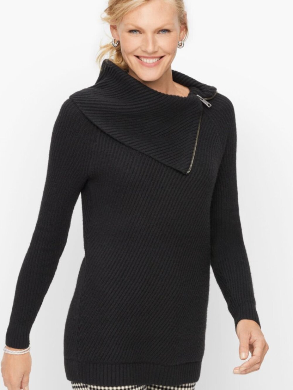 Talbots Black Split Neck Zip-Accent Cotton Blend Sweater Size Large